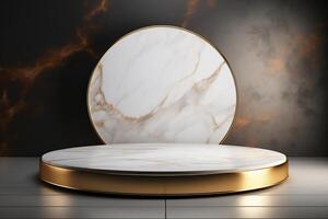 Golden marble pedestal with a round mirror on top photo
