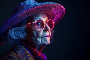 An old woman wearing a hat and glasses photo