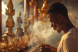 A man is smoking incense sticks in a temple photo