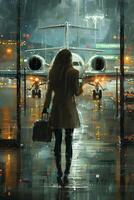 A woman is walking through an airport at night photo
