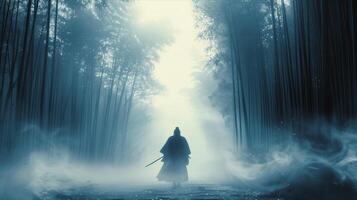 A man in a dark forest with a sword photo