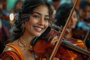 A woman in an orange sari smiles while playing the violin photo