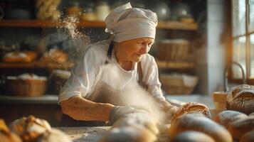 An elderly woman in a white hat sprinkling bread on a table photo