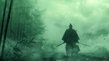 A man in a black robe is walking through a forest photo