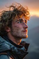 A man with curly hair looking up at the sky photo