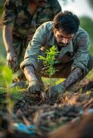 Two men in military uniforms are planting a tree photo