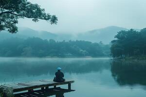 A person sitting on a dock fishing in a lake photo