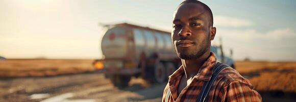 A man standing in front of a truck photo