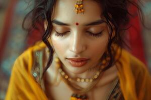 A woman in traditional indian clothing with her eyes closed photo