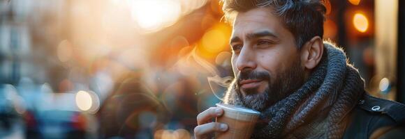 A man with a beard and scarf is holding a coffee photo