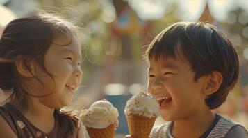 Two children are smiling and holding ice cream cones photo