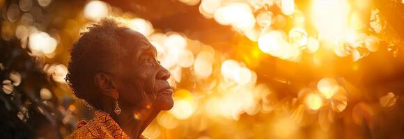 An older woman is looking up at the sun photo