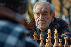 An elderly man playing chess with another man photo