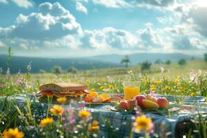 A picnic table with a sandwich, fruit and juice photo