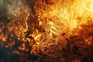 Frosty glass background with golden leaves photo