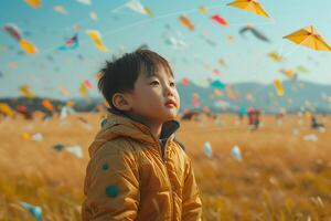A young boy in a yellow jacket is looking up at kites in the sky photo