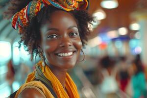 A woman with a colorful head wrap smiles at the camera photo