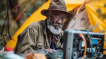 An old man with glasses and hat sitting in front of a computer photo