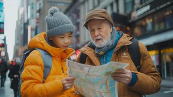 An older man and a young boy looking at a map photo