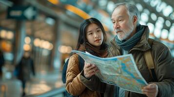 An older man and woman looking at a map photo