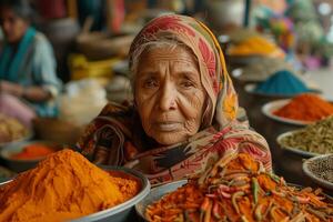 An elderly woman in a headscarf is surrounded by bowls of spices photo