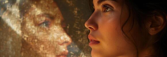 A woman looking at a reflection of herself in a mirror photo