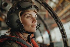 A woman in a pilot's helmet looking out the window photo