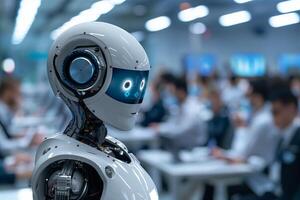 A robot in a business meeting room with people in the background photo