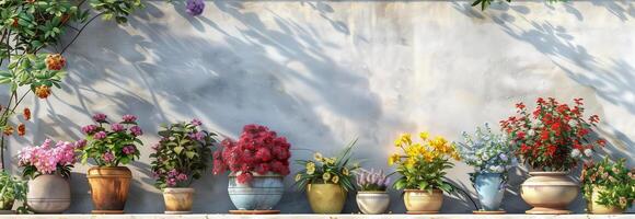A row of pots with flowers on a wall photo