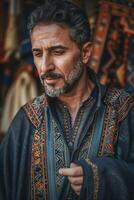 A man in traditional clothing standing in front of a rug photo