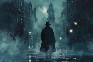 A man in a hat and coat walking down a dark street photo