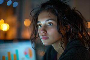 A woman looking at a computer screen at night photo