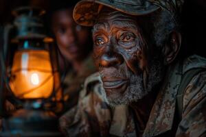 An old man in a military uniform is looking at a lantern photo