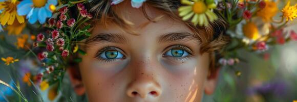 A young boy with flowers in his hair photo