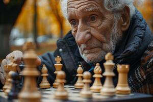 An elderly man playing chess in the park photo