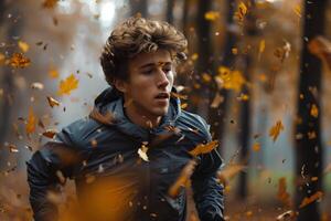 A man running through the woods in autumn photo