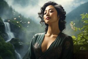 A beautiful woman in a green dress sitting in front of a waterfall photo