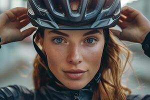 A woman wearing a helmet and holding her helmet photo