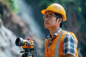 A man in an orange vest and hard hat holding a camera photo