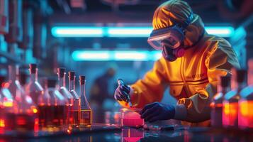 A man in a lab coat and gas mask is working on something photo