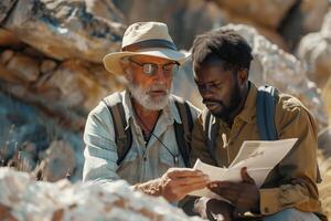Two men in hats and backpacks looking at a map photo