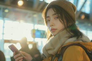 A woman in a winter coat and hat holding a cell phone photo