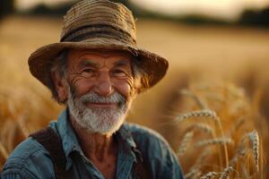 An old man in a straw hat in a field photo