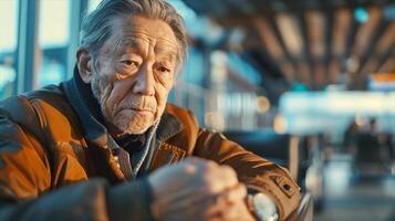 An older man sitting at an airport photo
