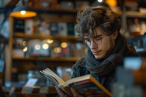 A man in glasses is reading a book photo