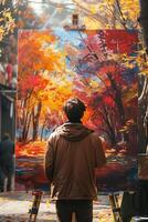 A man painting a painting on a easel photo