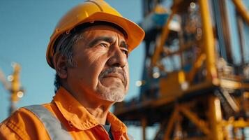 An older man in an orange hard hat and safety vest photo