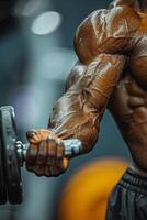 A close up of a bodybuilde holding a dumbbell photo