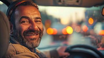 A man smiles while driving a car photo