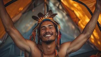 A man with a headdress and feathers is smiling photo